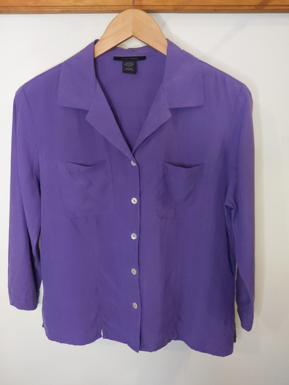 Anne Carson 100% Silk Purple Blouse L Button Front 3/4 Sleeve Lavender Top